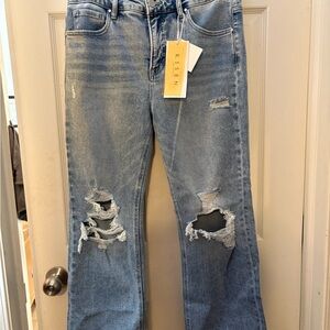 Risen Women's Distressed Blue Straight Leg Jeans with Tummy control